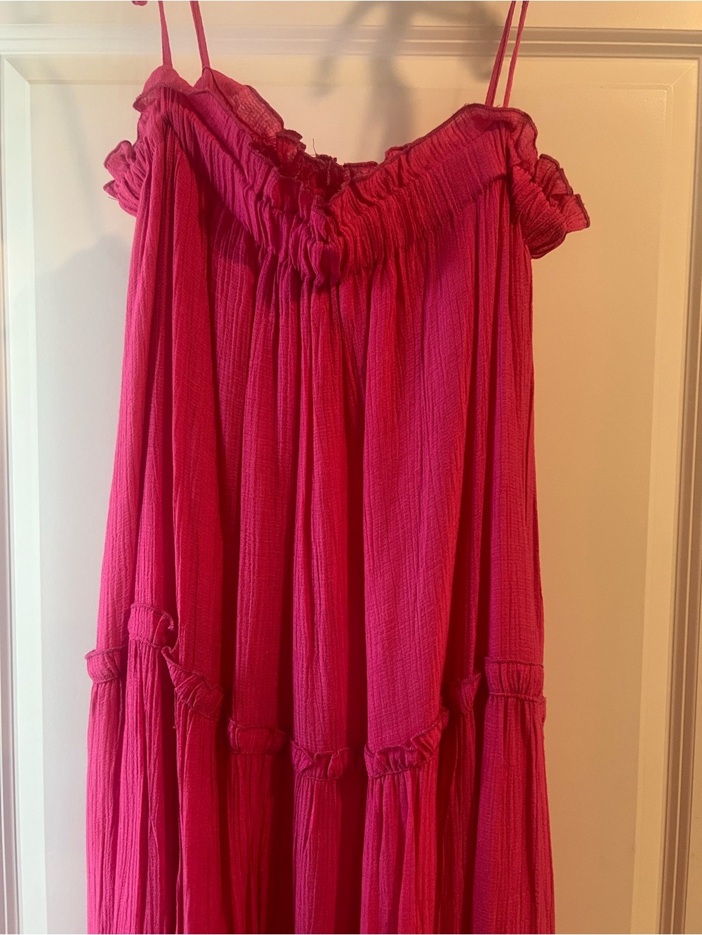 Bright Pink Smocked Maxi Dress with Spaghetti Straps